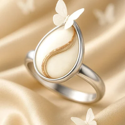 Tropfenförmiger Ring mit Muttermilch und goldener Haarsträhne in eleganter Fassung – persönlicher Erinnerungsschmuck.