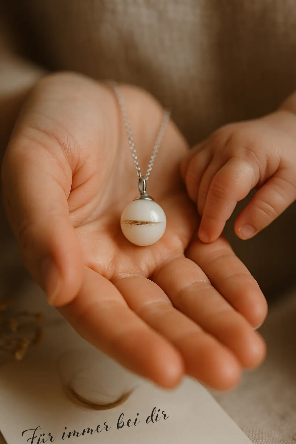 Detailaufnahme einer emotionalen Szene: Die Muttermilchperle mit Haarsträhne wird von der Mutter gehalten, während die Babyhand sanft danach greift.