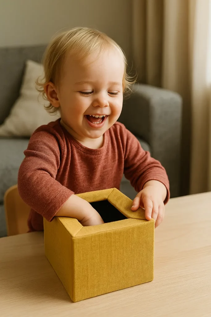 Ein Kleinkind tastet gespannt in einer gelben Fühlbox und lacht neugierig.